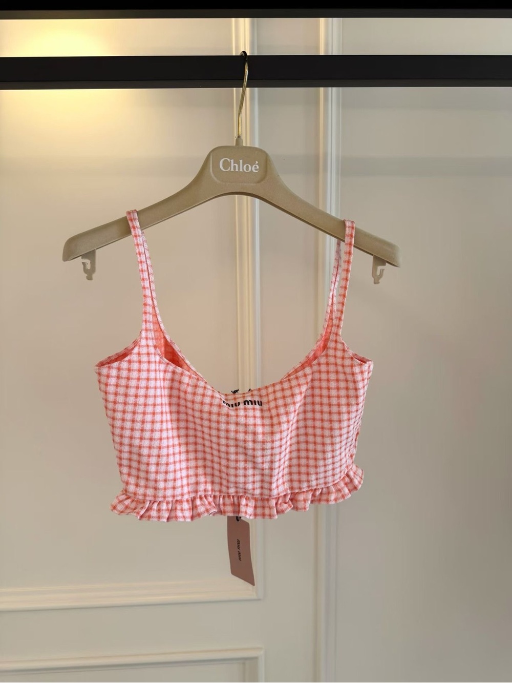 Miu Miu Coral and White Gingham Ruffle Crop Top